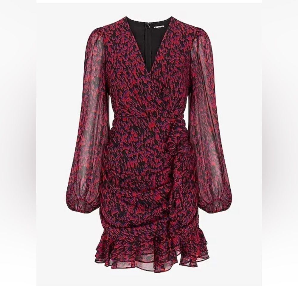 NWT Express Abstract Print Faux Wrap Ruffle Mini Dress Sz M - Picture 3 of 14